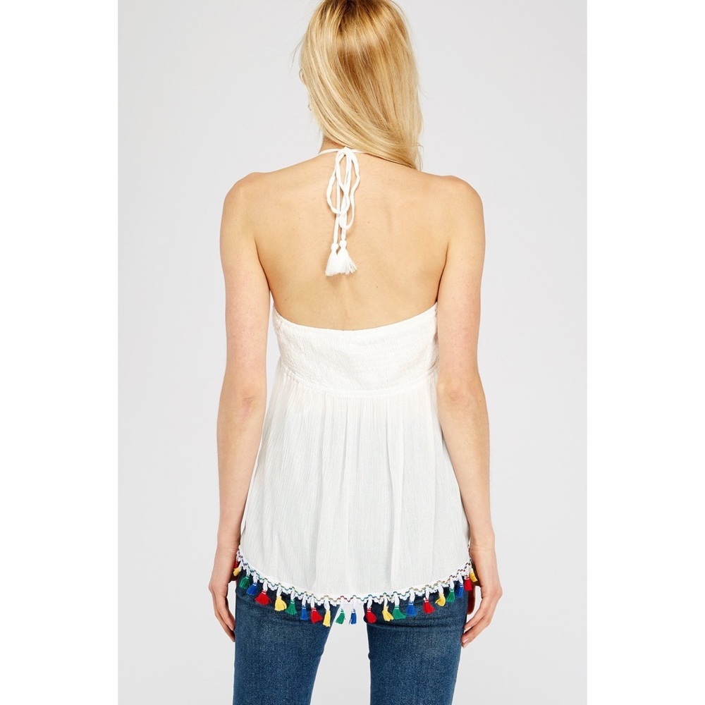 Tassel Hem Embroidered Detail Halter Top - Picture 2 of 8